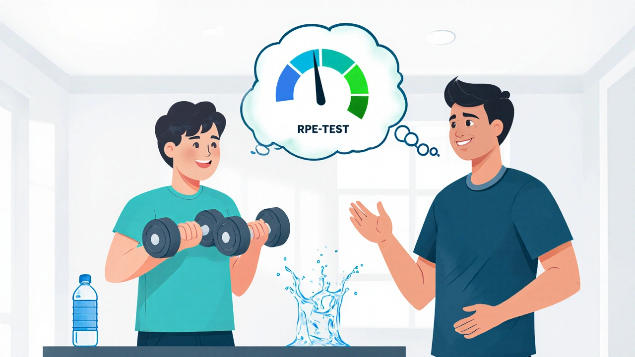 Angepasste Trainingseinheit mit leichten Gewichten, Wasserflasche und Gesprächstest.