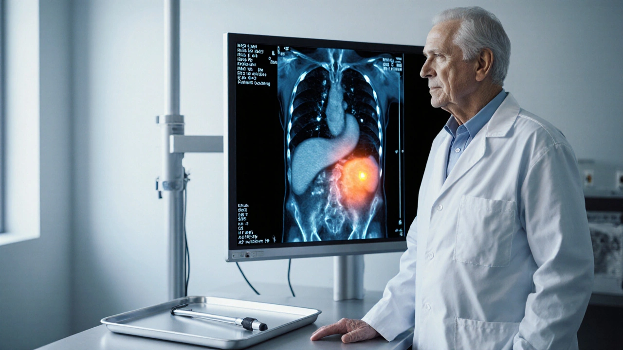 Arzt betrachtet CT‑Bild der Bauchspeicheldrüse, Endosonographie‑Probe im Vordergrund.