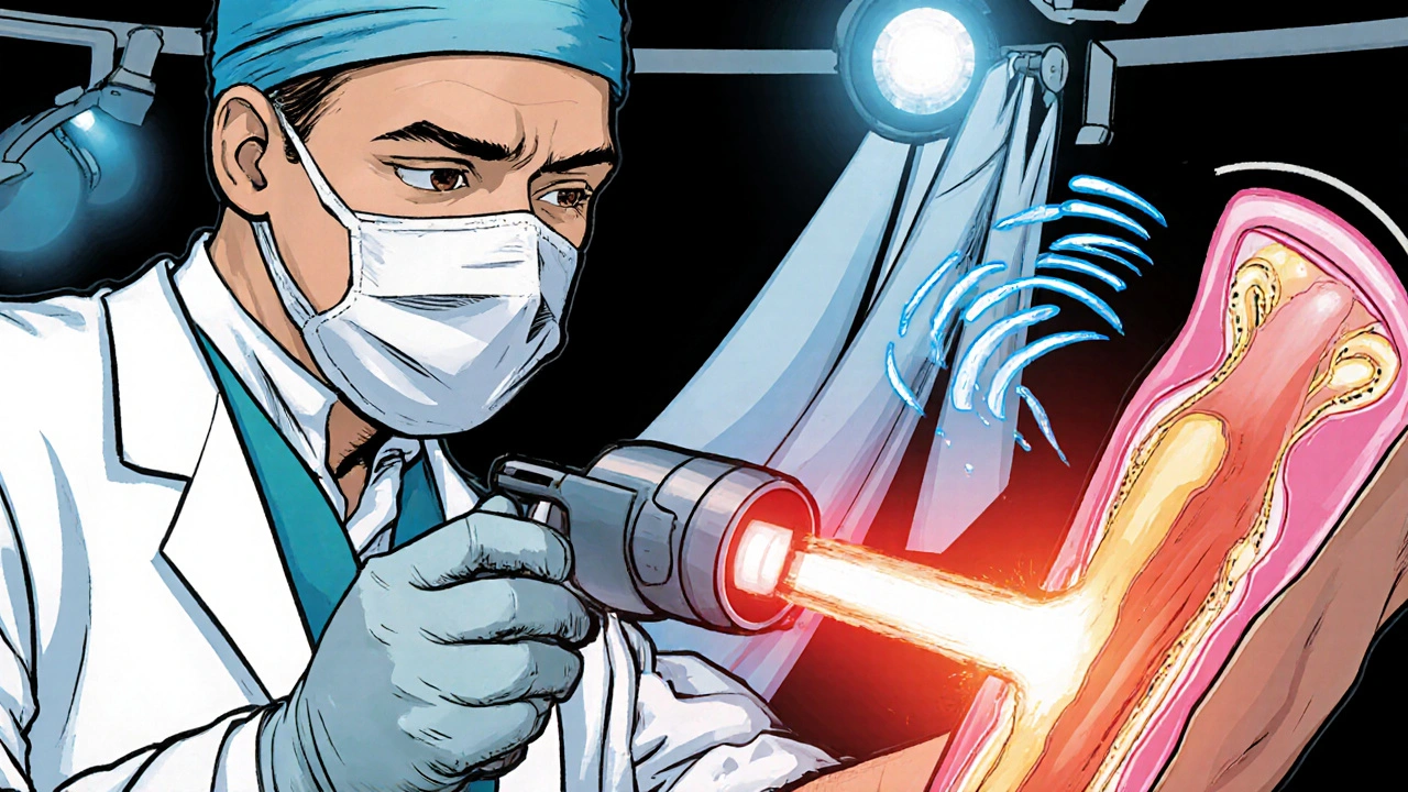 Arzt führt einen Laser‑Katheter unter Ultraschall in die Vene eines Patienten ein.