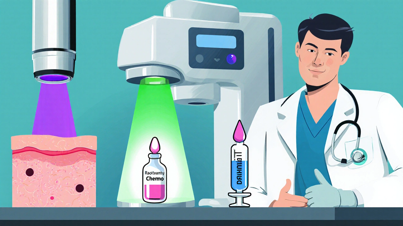 Cartoon‑Szene zeigt Laser, Strahlentherapie, Chemotherapie‑Spritze und Bevacizumab‑Fläschchen auf einem Tisch.