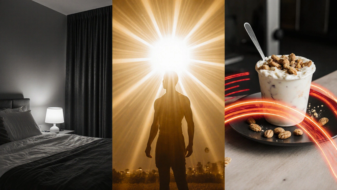 Collage mit Tipps: dunkles Schlafzimmer, Lichttherapie, HIIT‑Training und proteinreicher Snack.
