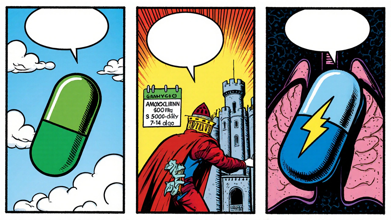 Comic‑Split‑Screen zeigt jede Antibiotika‑Figur bei ihrer typischen Infektion (Lunge, Harnwege, Haut).
