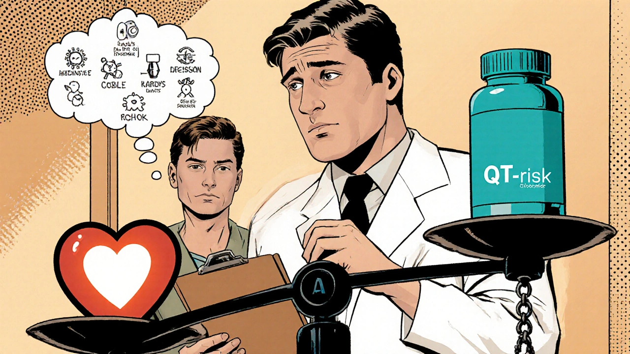 Comic‑Szene mit Arzt, Waage und Herz‑Symbol, die Entscheidung für Azithromycin visualisiert.
