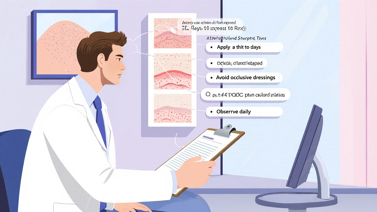 Dermatologe erklärt Anwendungstipps; Vergleich von gesunder und überbeanspruchter Haut.