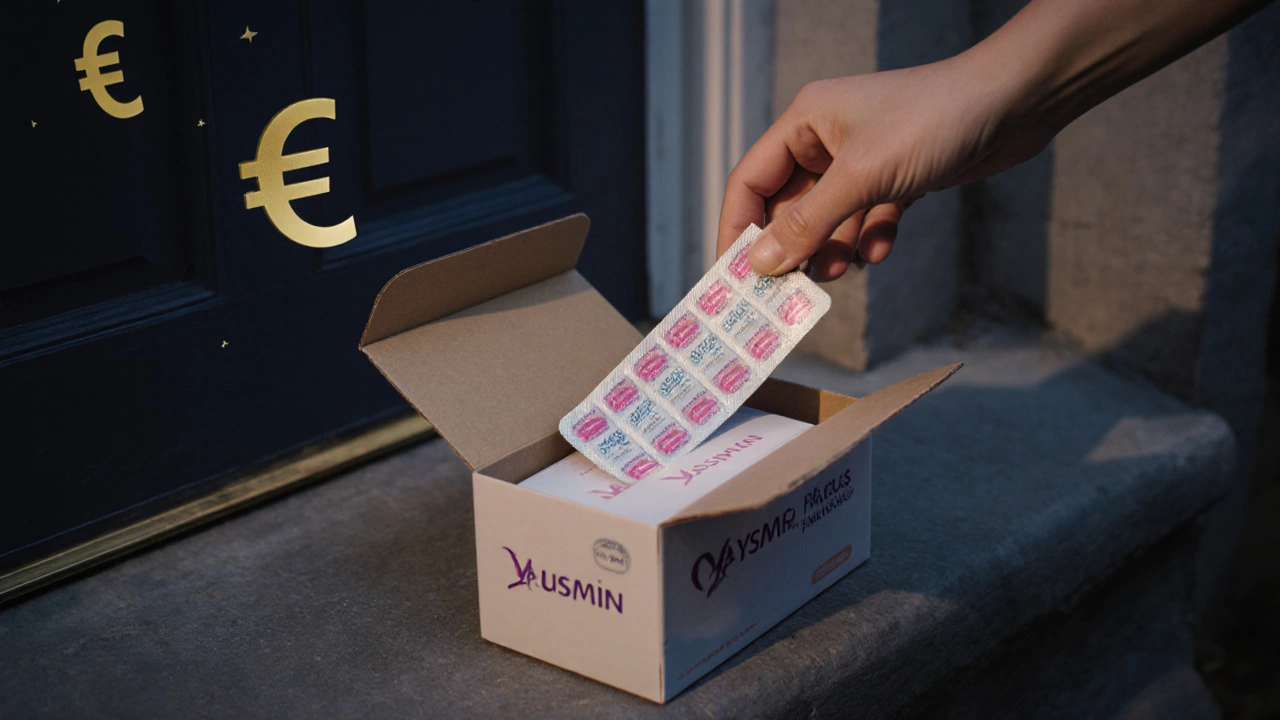 Diskret verpackte Lieferung von generischem Yasmin, Hand nimmt das Paket entgegen, Symbol für Ersparnis.
