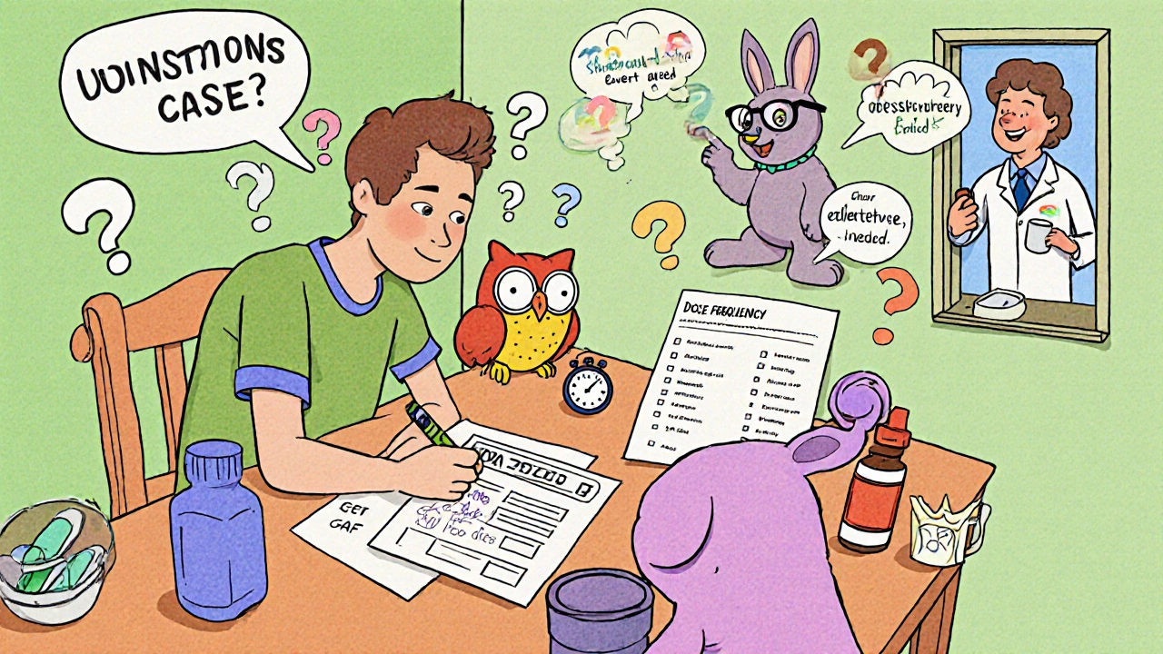 Eine Person füllt ein Formular aus, während verwirrende Begriffe als freundliche Tiere helfen.