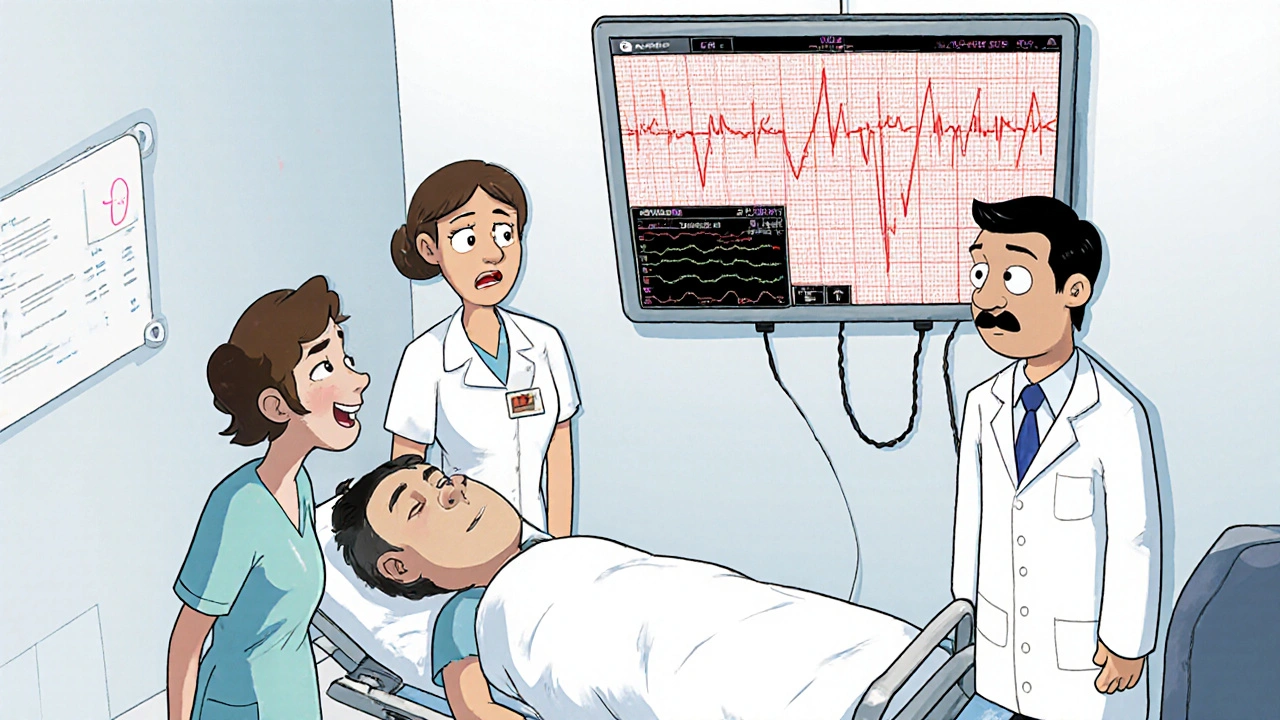 Erste‑Hilfe‑Team über einem Patienten, EKG‑Monitor zeigt verlängerte QRS‑Dauer.