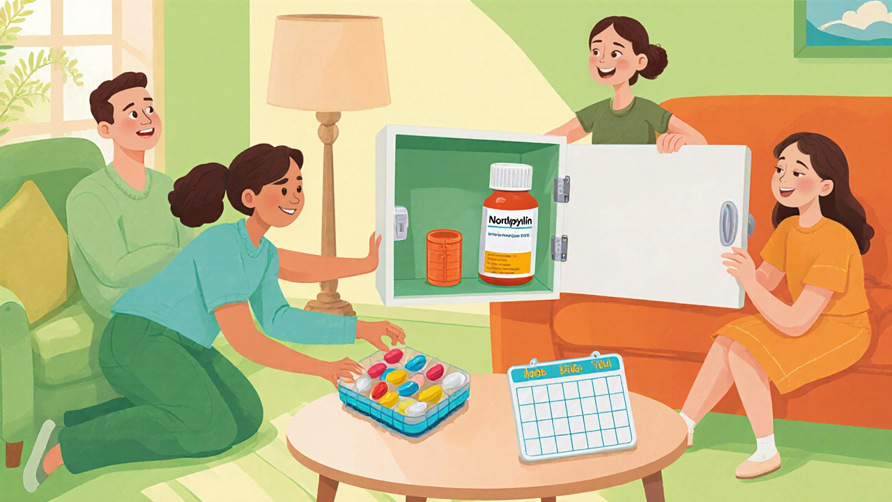 Familie legt Medikamente in abschließbaren Schrank, daneben ein Medikamentenplan.