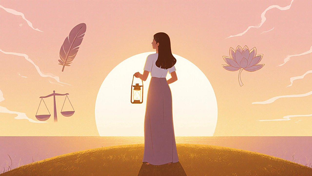 Frau blickt zu einem sonnigen Horizont, fühlt innere Balance und Zuversicht im neuen Lebensabschnitt.