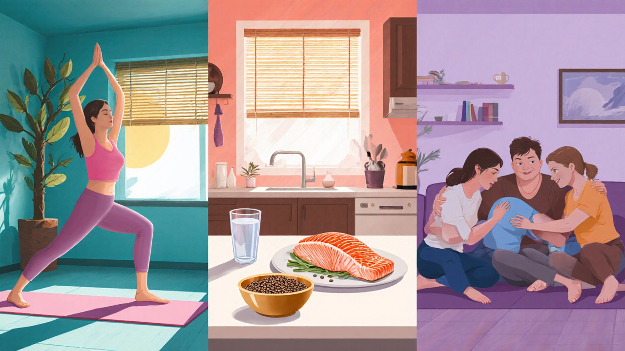 Frau macht Yoga, isst Lachs, meditiert und tauscht sich mit Freundinnen aus – praktische Bewältigungsstrategien.