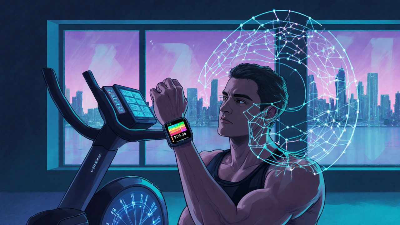 Futuristisches Fitnesslabor mit Smartwatch, CPET‑Maschine und Datenvisualisierung.
