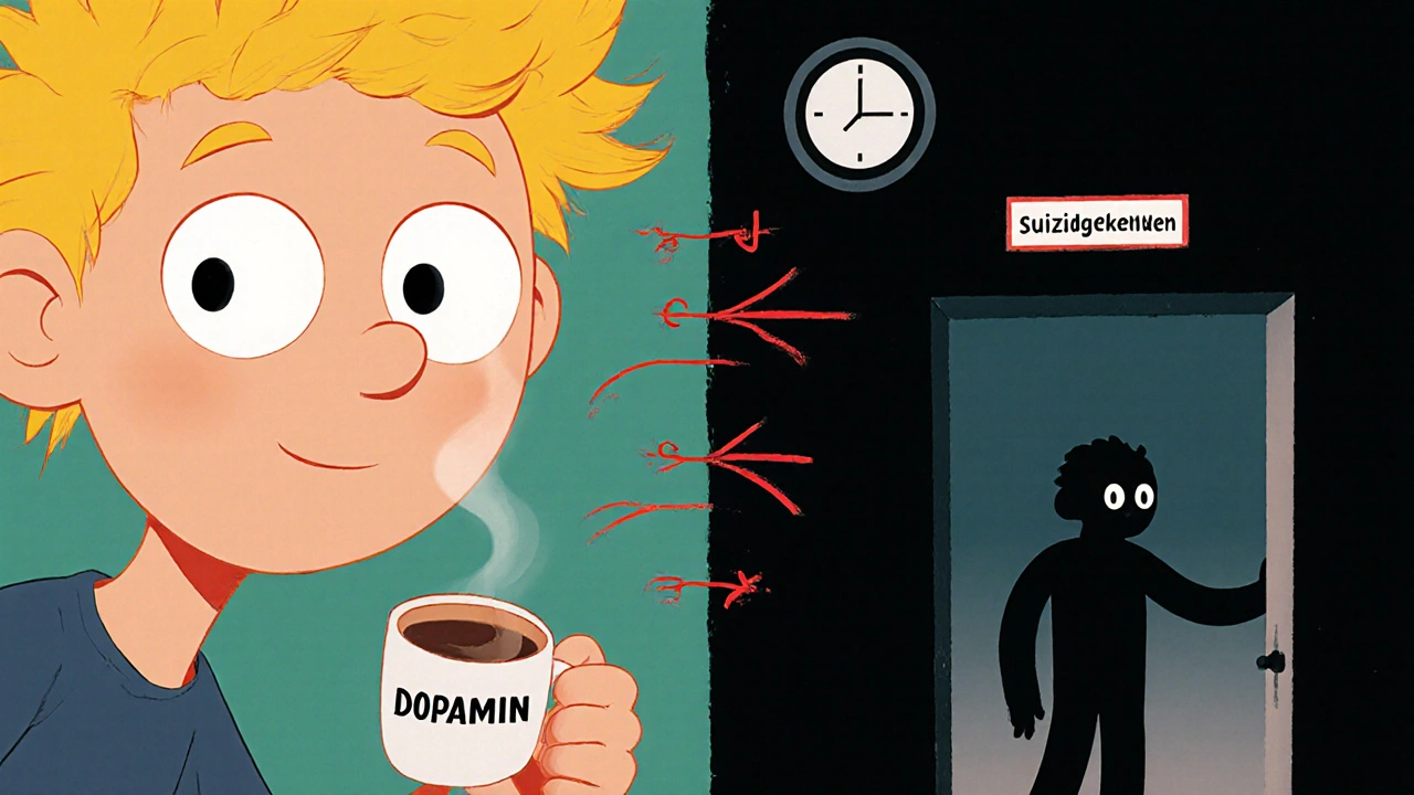 Gesicht des Menschen teilt sich in energiegeladen und düster-schattenhaft, mit Uhr und Warnlinien dazwischen.