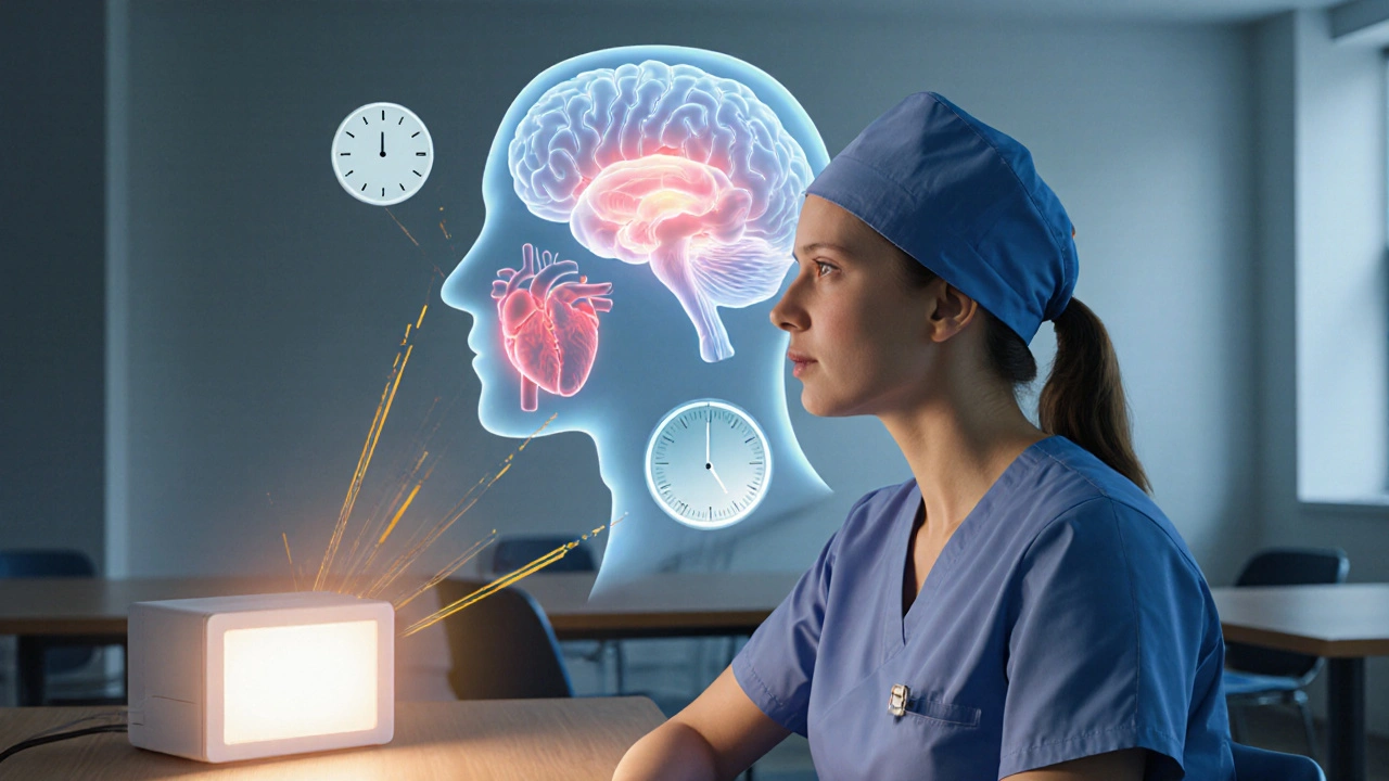 Illustration einer Krankenschwester mit überlagerten Darstellungen von Gehirn, Melatonin und Herz, die Gesundheitsrisiken zeigen.