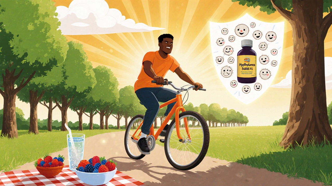 Junge trinkt Wasser, fährt Fahrrad, isst Beeren und nimmt Medikamente – Symbol für starkes Immunsystem.