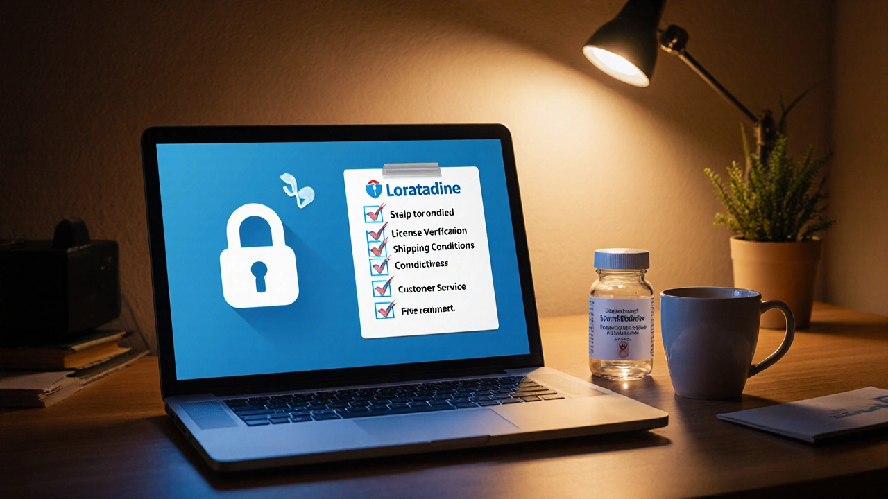 Laptop mit Sicherheitssymbol, Pillenflasche und Checkliste für sicheren Onlinekauf.