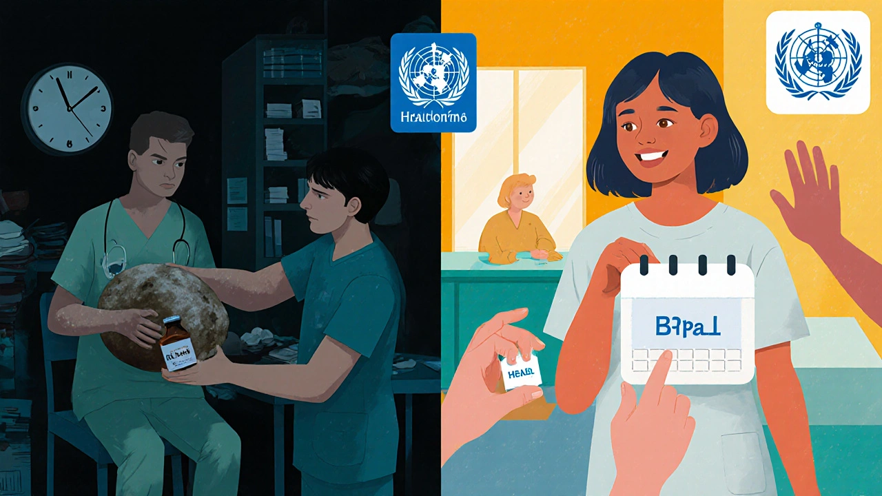 Linker Bildteil: dunkle Klinik mit Ethionamide-Flasche; rechter Bildteil: heller Raum mit BPaL-Paket und geheilter Patientin.