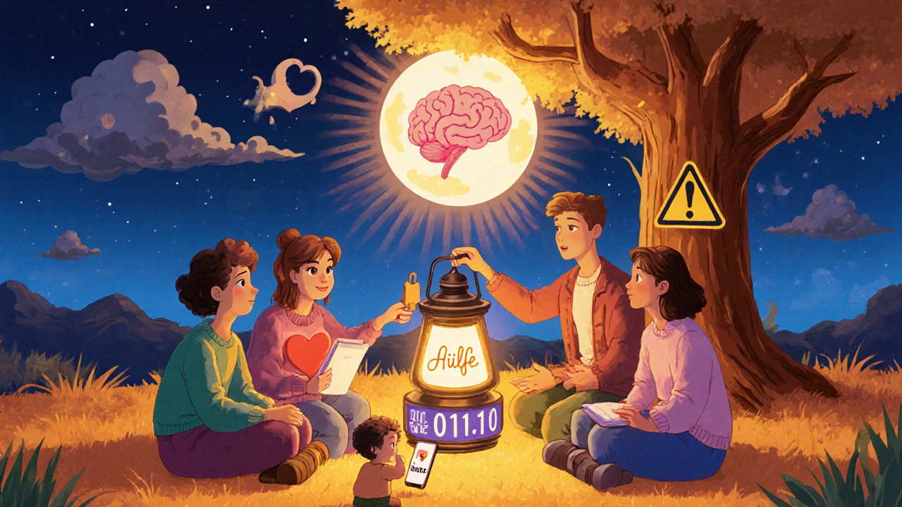 Menschen reichen eine Lichtlaterne weiter unter einem baumartigen Gehirn-Mond, Dunkelheit löst sich auf.