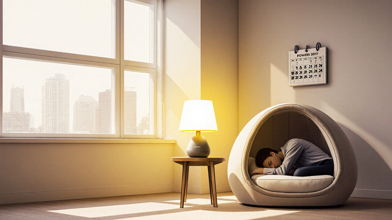 Modernes Pausenraumdesign mit Tageslicht, Lichttherapielampe und Nickerchen‑Kapsel für schichtarbeitende Beschäftigte.