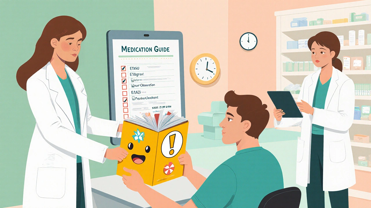 Patient erhält einen Medikamenten‑Leitfaden, Arzt prüft ETASU‑Checkliste.