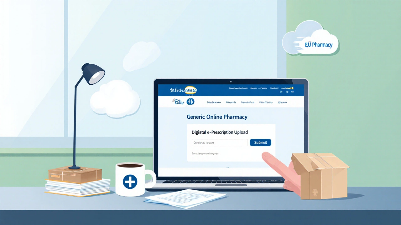 Person bestellt Rosuvastatin online, Laptop‑Bildschirm mit EU‑Apotheken‑Logo, e‑Rezept hochladen, Lieferbox bereit.