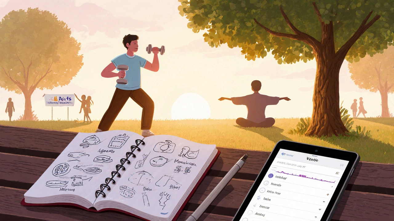 Person macht leichte Gymnastik, schreibt Notizen und nutzt eine Gesundheits-App.