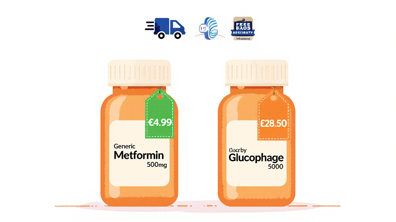 Vergleich von generischem Metformin und Glucophage mit Preisunterschieden.