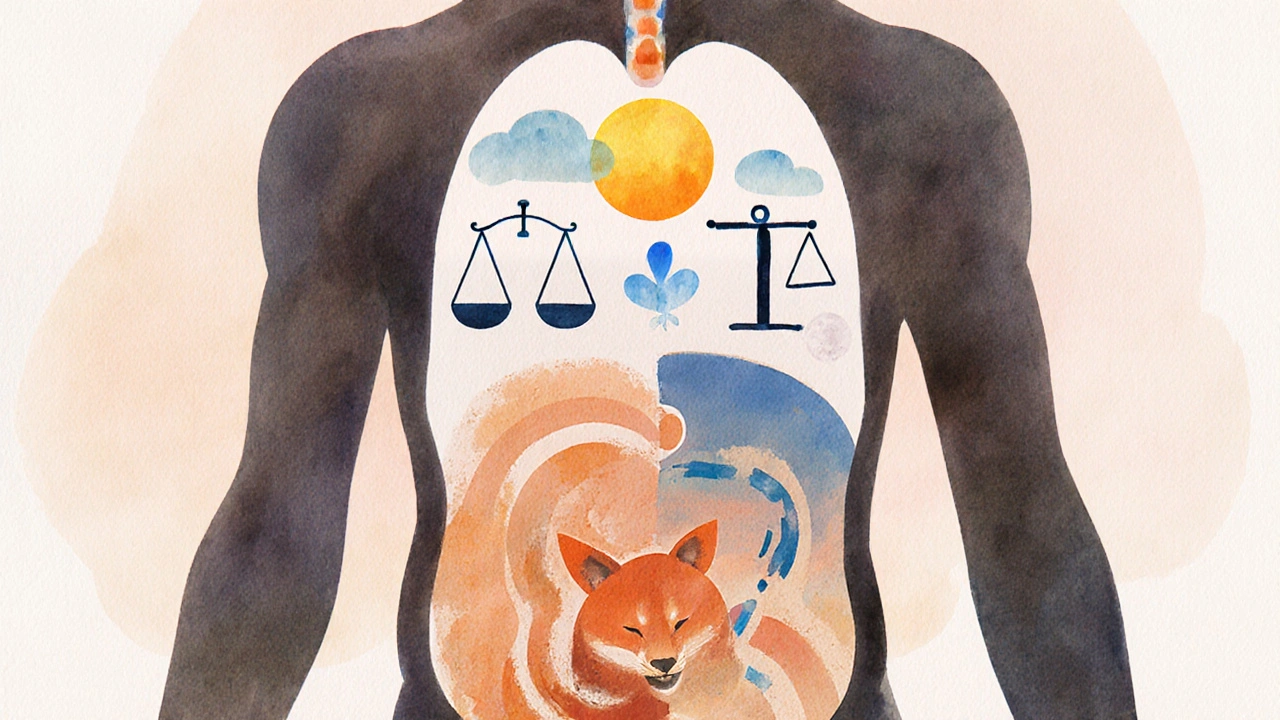 Wasserfarben‑Silhouette mit Symbolen für Melatonin, Cortisol, Leptin und Insulin, zeigt Fettansammlung.