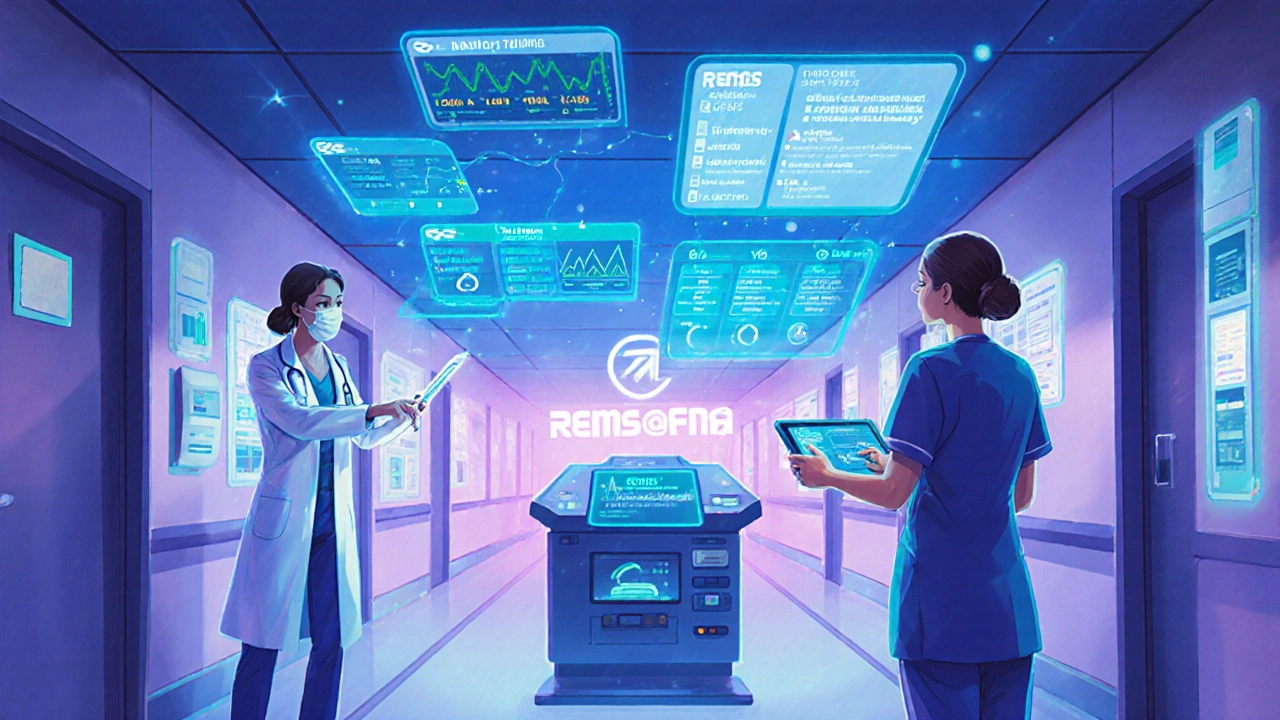 Zukunfts‑Klinik mit holografischen REMS‑Dashboard und EHR‑Integration.