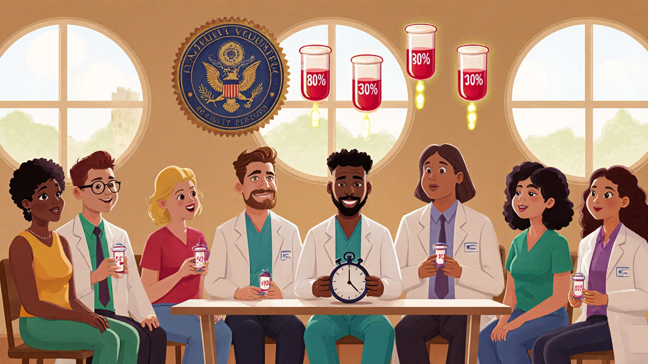 24 Freiwillige in einem Labor, die Pillen einnehmen, während Blutproben mit Zahlen schweben.