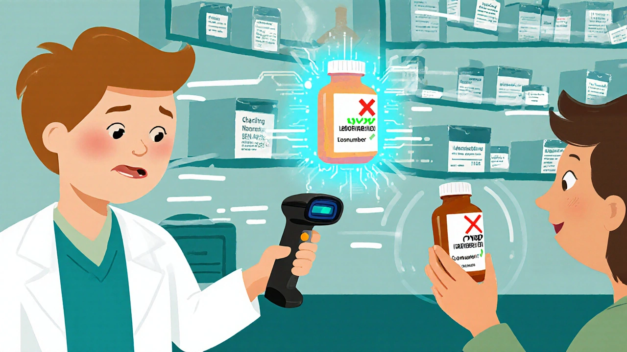 Apotheker scannt Medikamentenlabel, digitale Datenbank zeigt Rückrufstatus an.