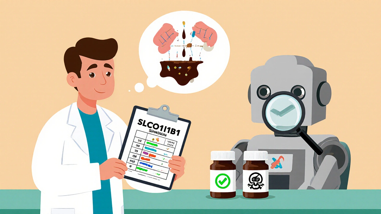 Arzt mit genetischem Chart und Patient mit Muskelschmerz-Symbol, daneben Roboter, der Pravastatin als sichere Wahl markiert.