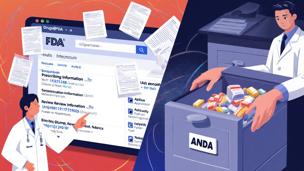 Arzt und Apotheker vergleichen Marken- und Generikamedikamente anhand von Drugs@FDA-Daten auf einem Bildschirm.