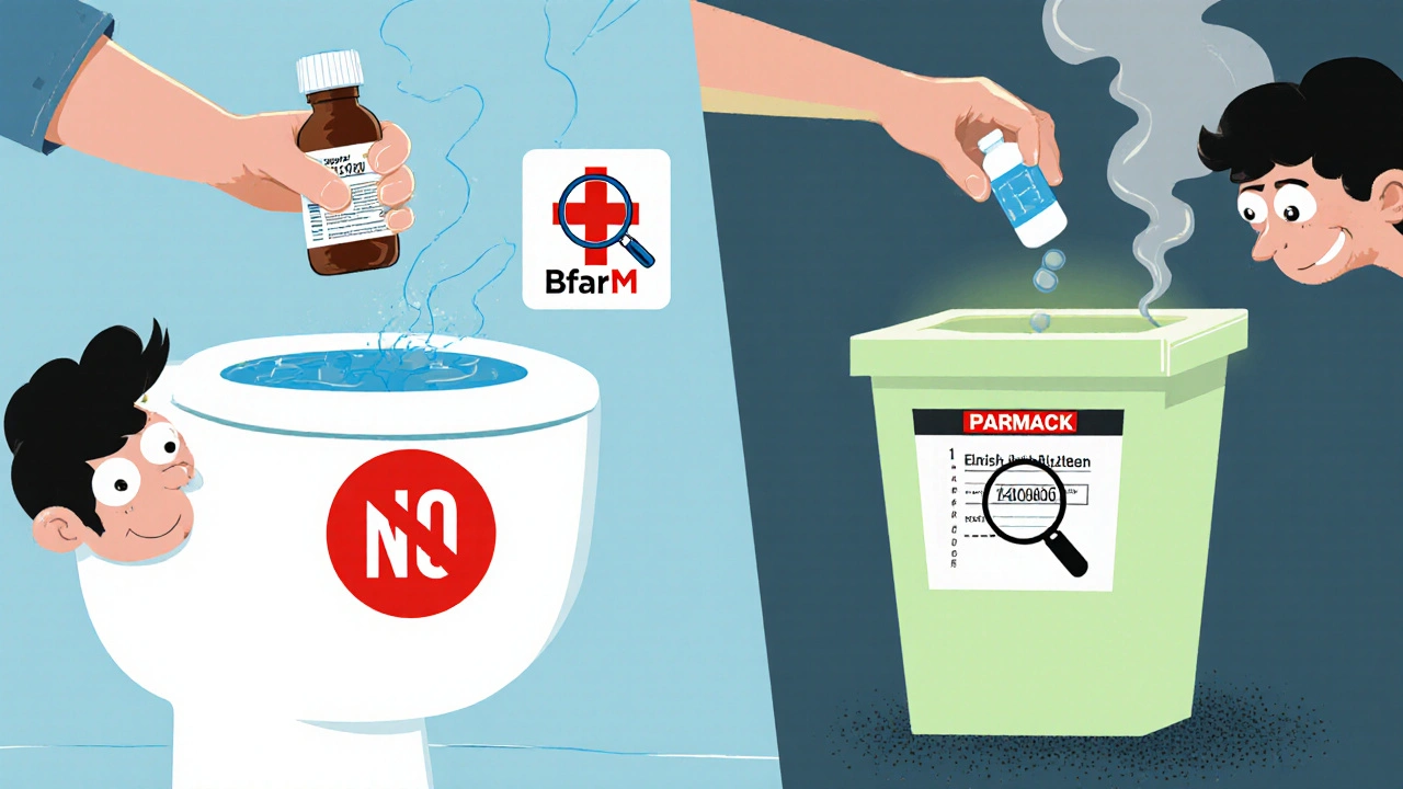 Aufteilung: links Medikamente in Toilette, rechts sichere Entsorgung in Apothekenbin.