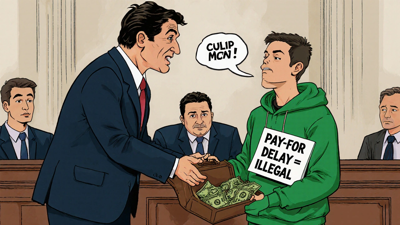 Cartoon-Szene: Pharmakonzern zahlt Geld an Generika-Hersteller, während ein Richter &#039;Pay-for-Delay&#039; verbietet.