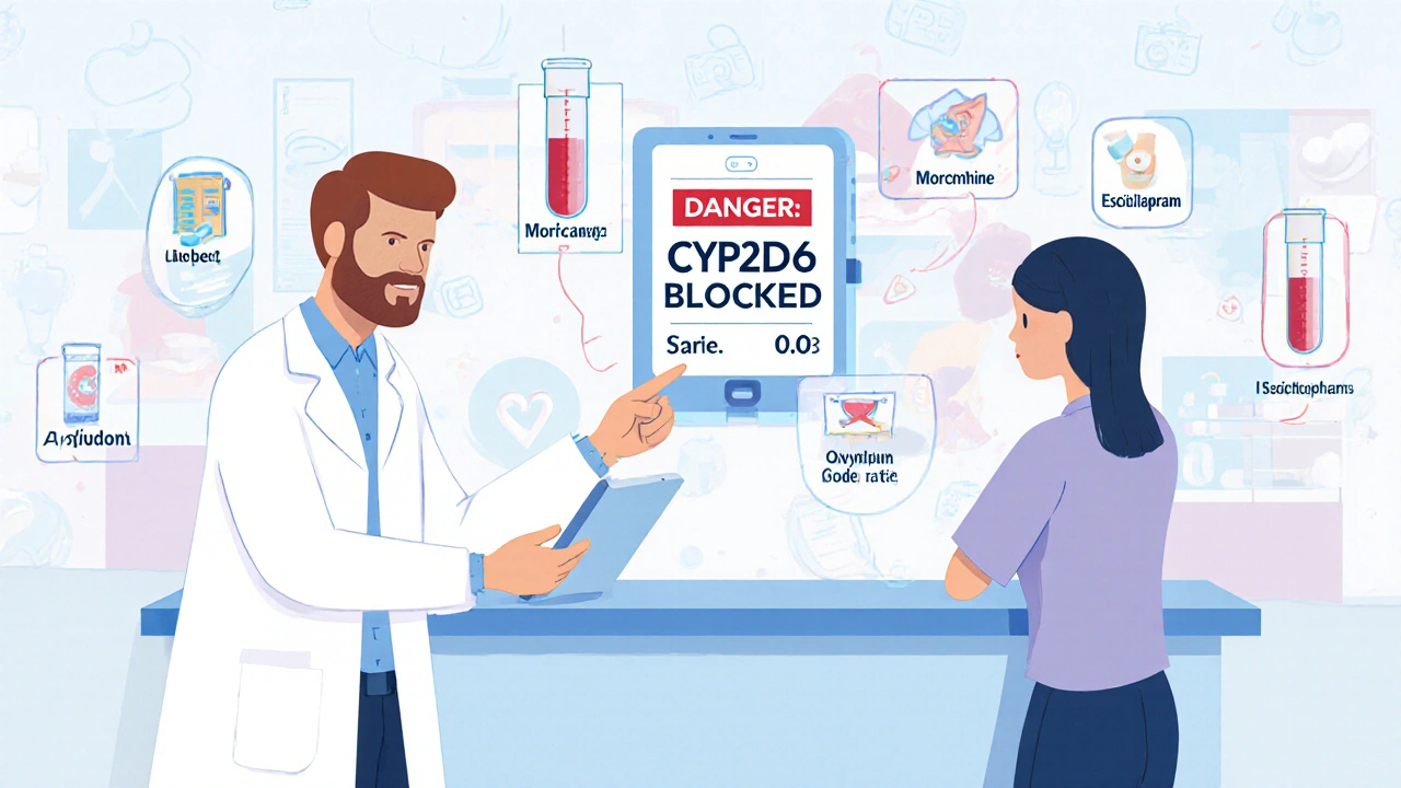 Ein Apotheker zeigt eine Warnung auf einem Tablet an, während ein Bluttest die CYP2D6-Hemmung beweist.