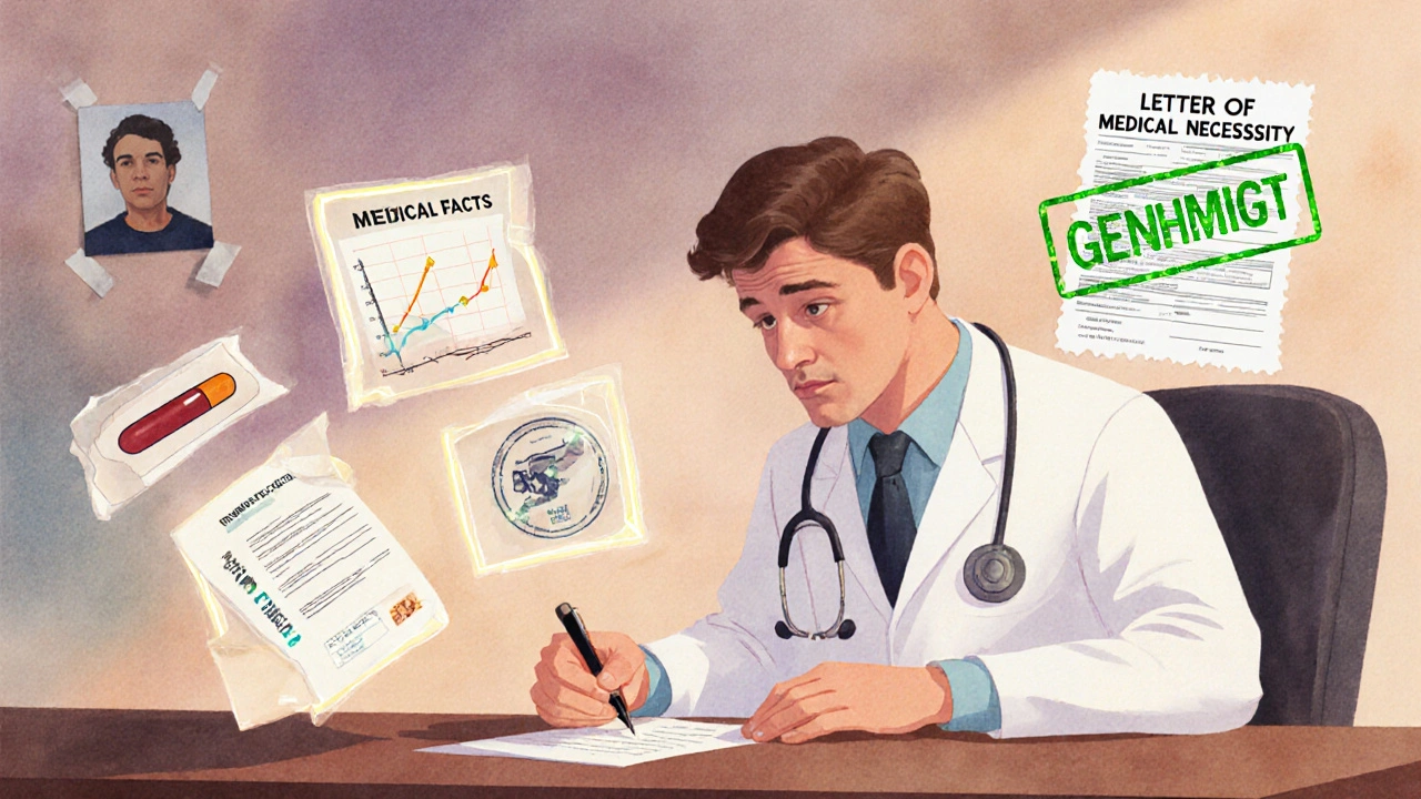 Ein Arzt schreibt einen detaillierten medizinischen Begründungsbrief, während Daten und Symbole wie Blutzucker und Krampfanfälle sichtbar werden.