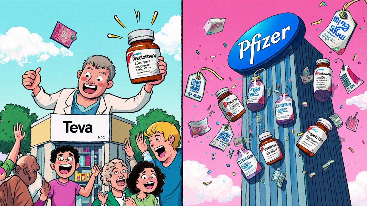 Ein kleines Pharmaunternehmen feiert den Markteintritt, während ein großer Konzern sein eigenes Produkt als Generikum veröffentlicht.