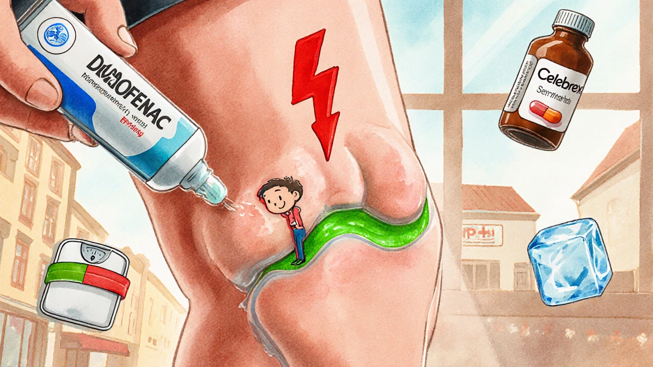 Ein Kniegelenk wird mit Gel behandelt, während Celebrex mit Warnsymbolen dargestellt wird.