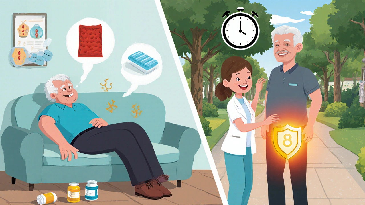 Ein Mann wechselt von Schmerzen zu Physiotherapie, dargestellt in zwei Bildern mit Symbolen für Gesundheit.