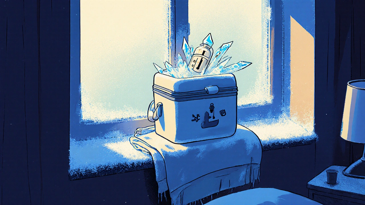 Ein Medikamentenkühler steht am gefrorenen Fensterbrett eines Hotelzimmers, umwickelt von einer Decke.