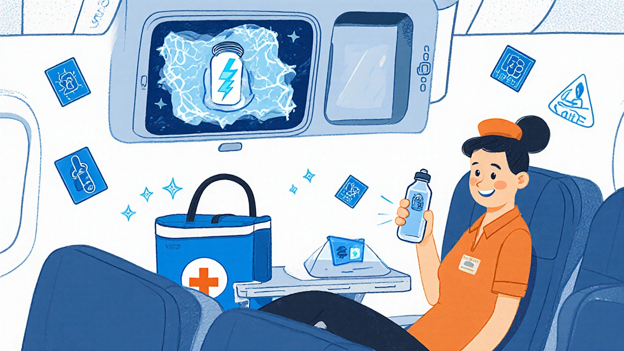 Ein Passagier transportiert Medikamente im Flugzeughandgepäck, während ein gefrorener Frachtraum im Hintergrund sichtbar ist.