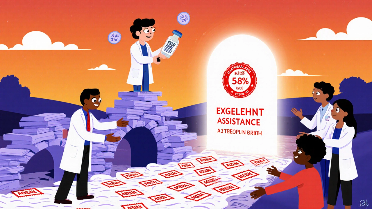 Ein Patient hält ein kostenloses Insulin, steht auf einem Berg von Ablehnungsbriefen und blickt zu einem Portal mit Genehmigungszeichen.