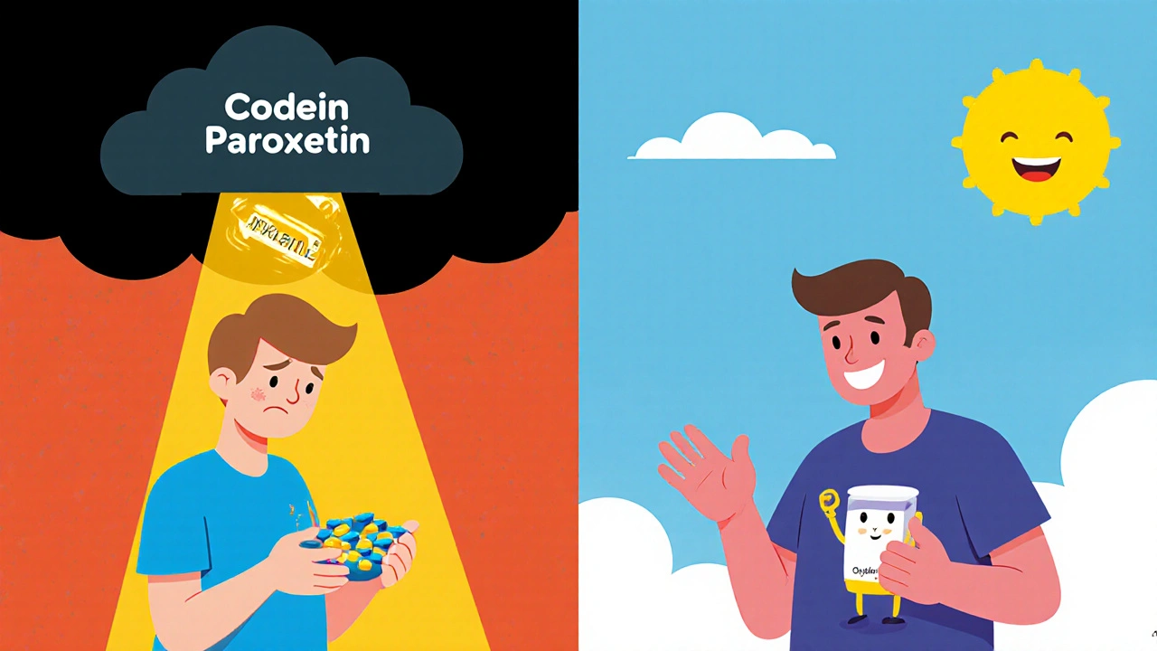 Ein Patient links mit Codein und dunkler Wolke, rechts mit Oxycodon und Sonne – Wechselwirkung vs. Lösung.