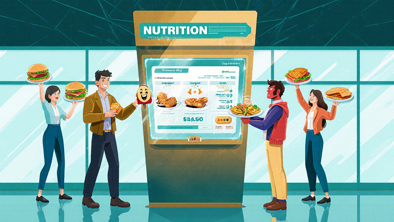 Ein Reisender scannt ein Essen an einem digitalen Kiosk, der die Nährwertangaben als lustige Charaktere zeigt – Protein als Held, Zucker als Monster.