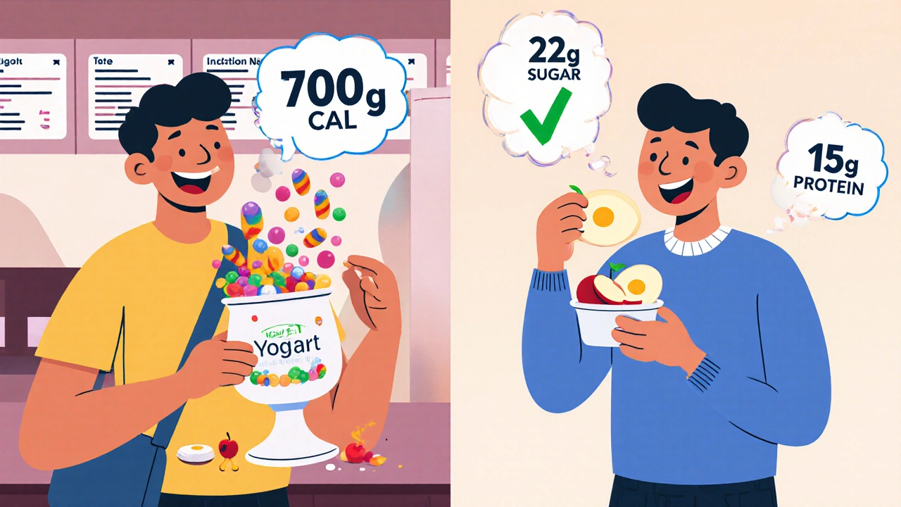 Ein Reisender wählt zwischen einem zuckerreichen Joghurt-Parfait und gesunden Snacks wie Eiern und Äpfeln – eine klare Entscheidung in zwei Szenen.