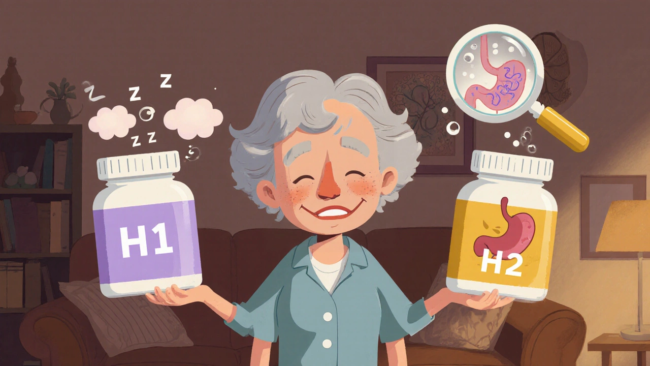 Eine ältere Frau blickt verwirrt zwischen zwei Pillenflaschen mit H1- und H2-Blockern, die unterschiedliche Wirkungen zeigen.