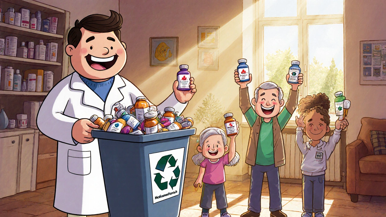 Eine Apotheke nimmt abgelaufene Medikamente zurück, während die Familie sicher verwahrt.