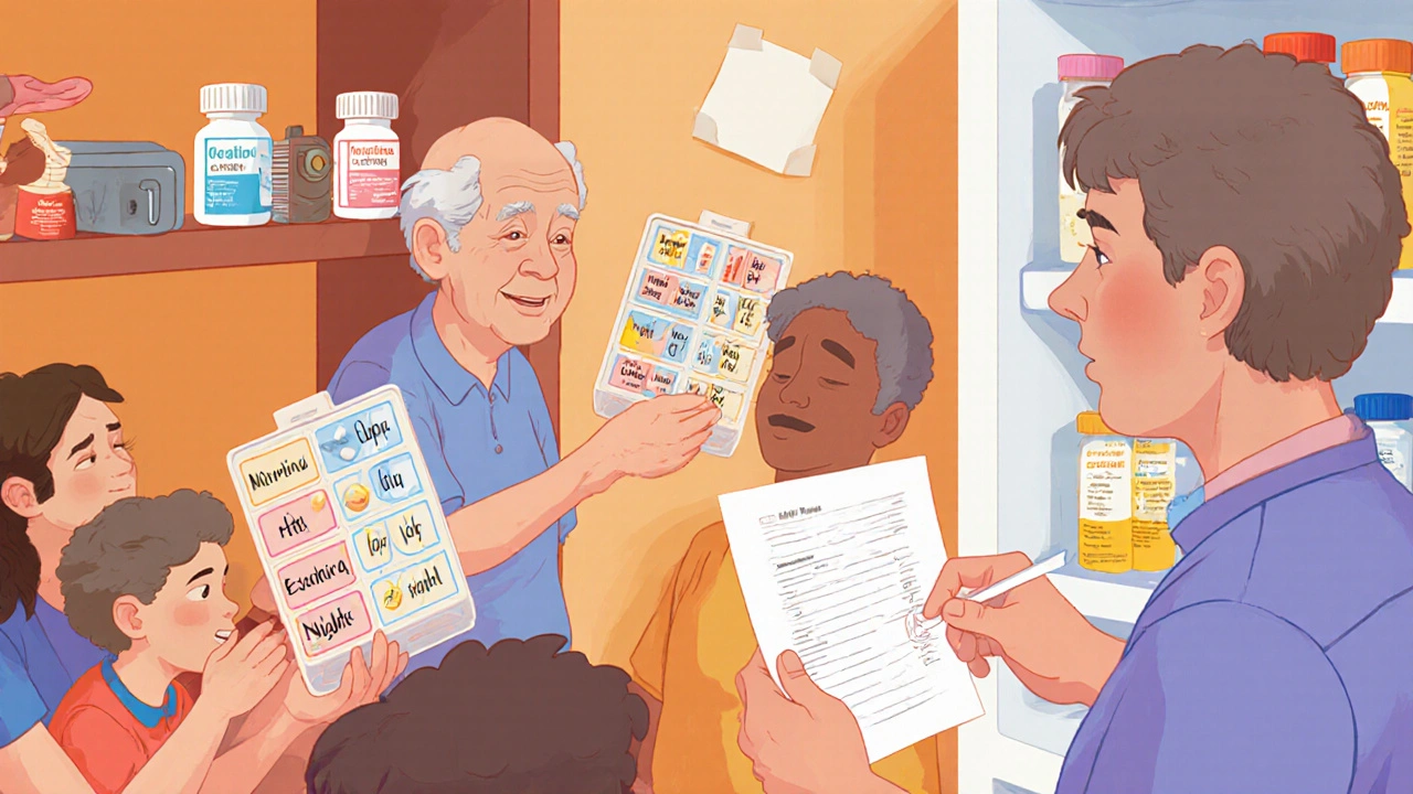 Eine Familie verwendet eine verschlossene Medikamentenbox mit Tagesportionen im Schlafzimmer.