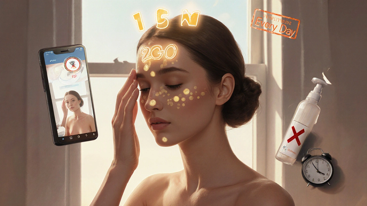 Frau appliziert Sonnenschutz mit Erbsen-Methode, UV-App zeigt ungedeckte Stellen, Timer zeigt 15 Minuten Wartezeit.