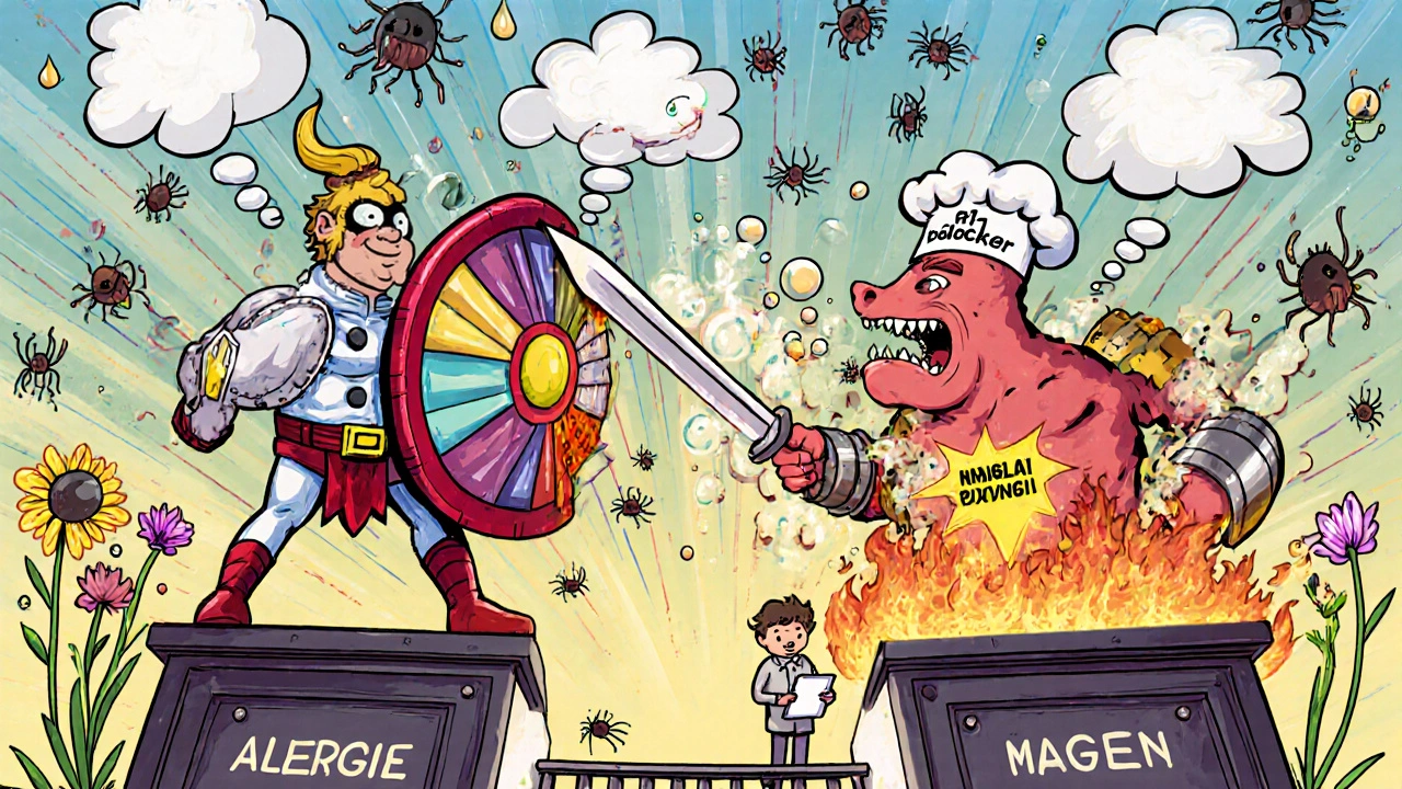 H1- und H2-Blocker als Superhelden bekämpfen jeweils Allergien und Sodbrennen in separaten Szenen mit humorvollen Symbolen.